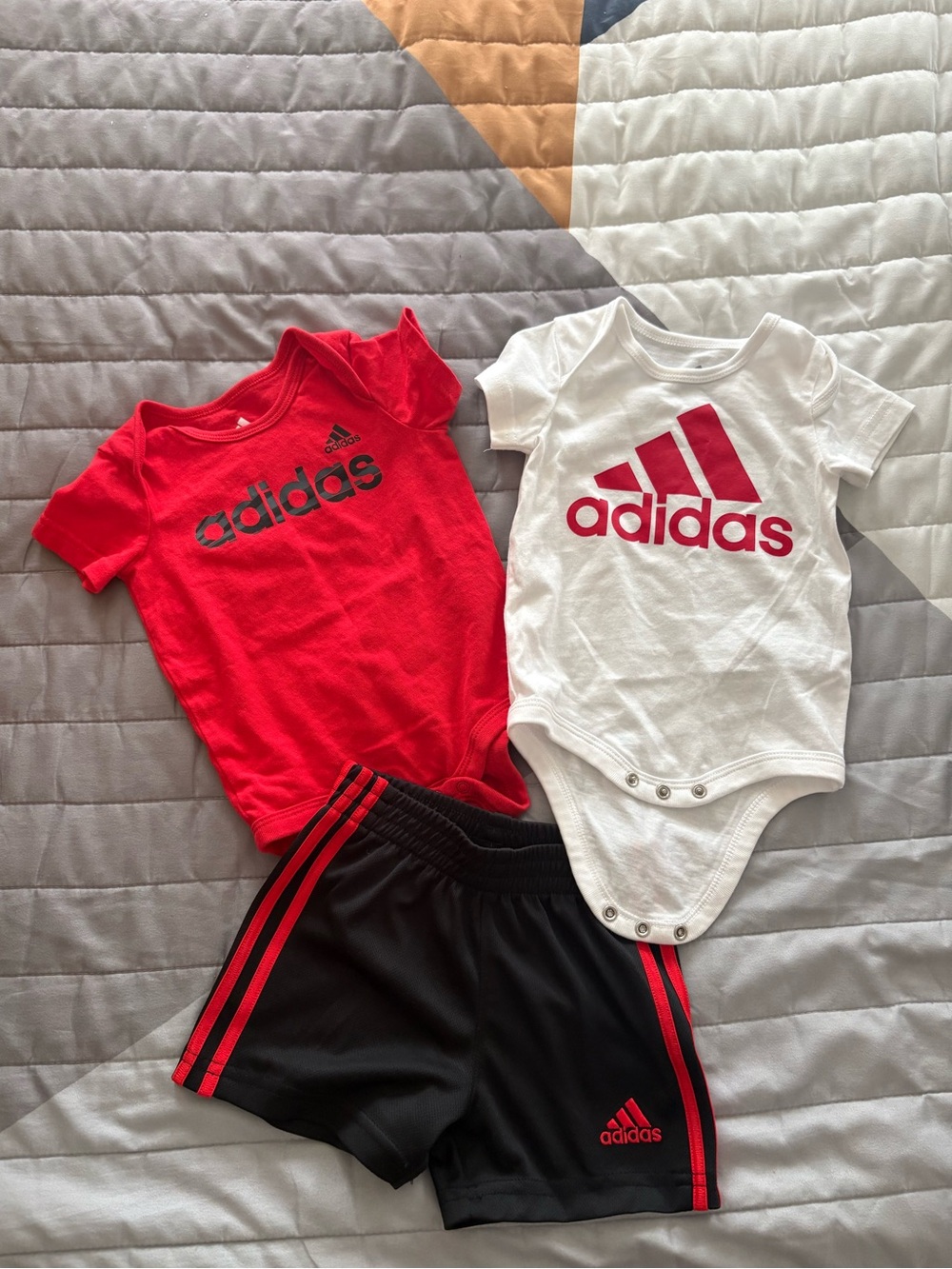Adidas Red and White Logo Kids One-Piece Bodysuits with Matching Shorts